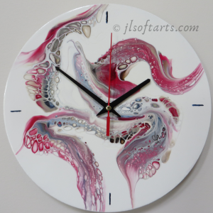 Oeuvre intuitive titrée "Horloge #1" peinte par Johanne Lepage - JL Soft Arts ( acrylique fluide, coulage, bloom(anglais)) (Oeuvre abstratite)